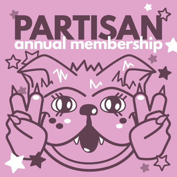 Partisan annual membership - dog cartoon doing peace signs
