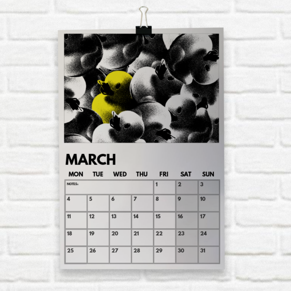 Mock up of March calendar sheet featuring some rubber ducks