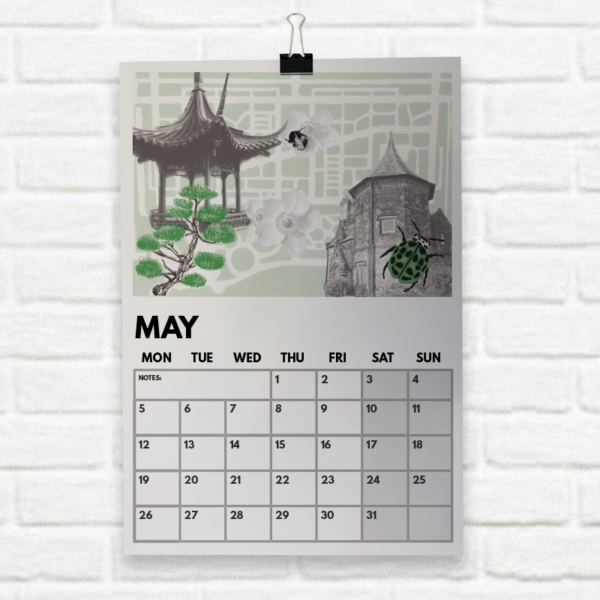 Mock up of May calendar sheet featuring some a pagoda and garden blue print of RHS Bridgewater